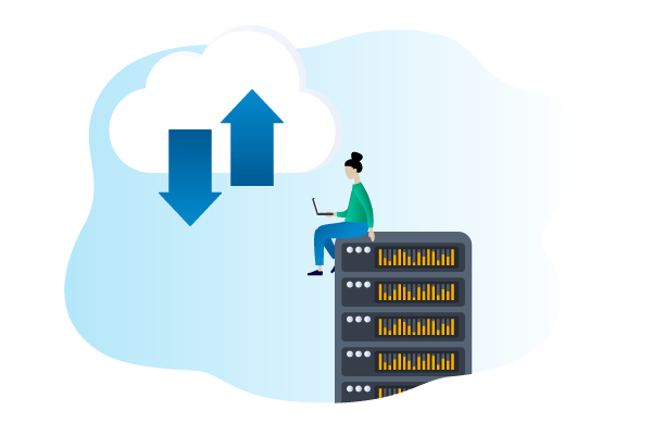 Person sitting on a server considering whether to use on-premises or cloud-based MFT
