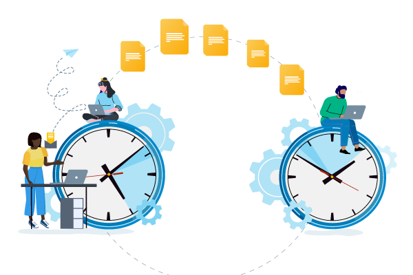 Graphic of MFT users sitting on clocks with files moving between them